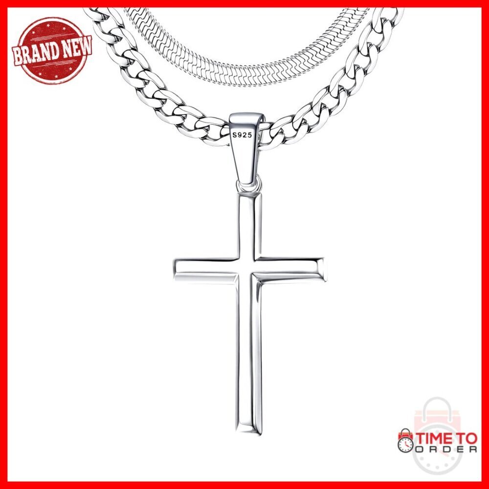 Sterling Silver Cross Pendant Necklace Set for Men, 16-30 Inches